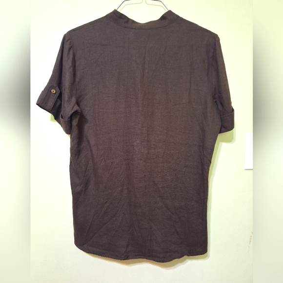 NWOT Chico's women's size 1 US 8 100% linen brown shortsleeve button up top - Picture 4 of 7